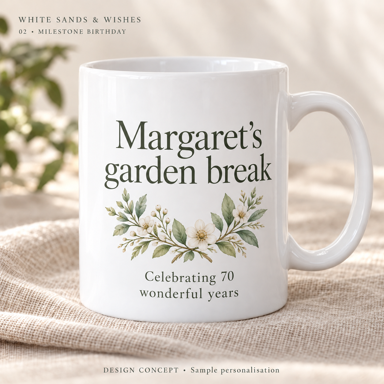 Botanical milestone birthday mug for Margaret, celebrating 70 wonderful years
